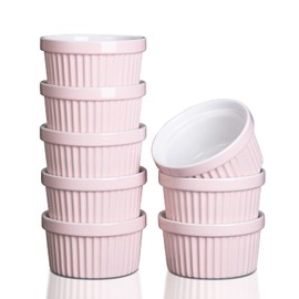 (8 Pack) Creme Brulee Ramekins 8 oz Oven Safe, Porcelain Souffle Dishes, Custard Cups, Small Ceramic Bowls Set for Souffle, Creme Brulee and Ice Cream - White Pink