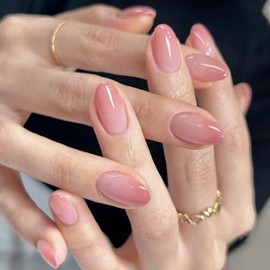 KQueenest Press on Nails Short French - Ombre Pink Stick-On Nails Short Round French Fake Nails Gradient Nude Pink, Almond False Nails Set for Women, 24 Pieces