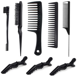 Edge Brush Teasing Brush Hair Comb Set with Wide Tooth Comb Rat Tail Comb and Hair Clips for Women Kids Baby Girls Smoothing Combing & Styling Hair (Black S)