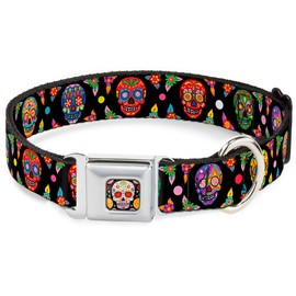 Dog Collar Seatbelt Buckle Colorful Calaveras Black Multi Color 11 to 17 Inches 1.0 Inch Wide