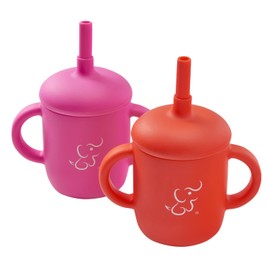PAPU BABY Set de 2 Vasos Entrenador de silicón con popote y asas. Juego de tazas de bebe. Alimentación complementaria. SIlicón 100 grado alimenticio (Rosa Mexicano/Rojo)
