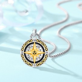 Thanches Celtic Knot Compass Pendant Necklace for Women Men, 925 Sterling Silver Charm Christmas Birthday Graduation Travel Jewelry Gifts for Wife (KJ-1-Gold Compass Pendant)