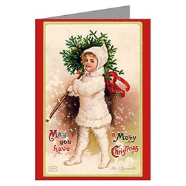 Twelve 3.5x5 Vintage Holiday Note Cards In A Boxed Set Of Girl Carrying A Merry Christmas Tree In A White Snow Suit