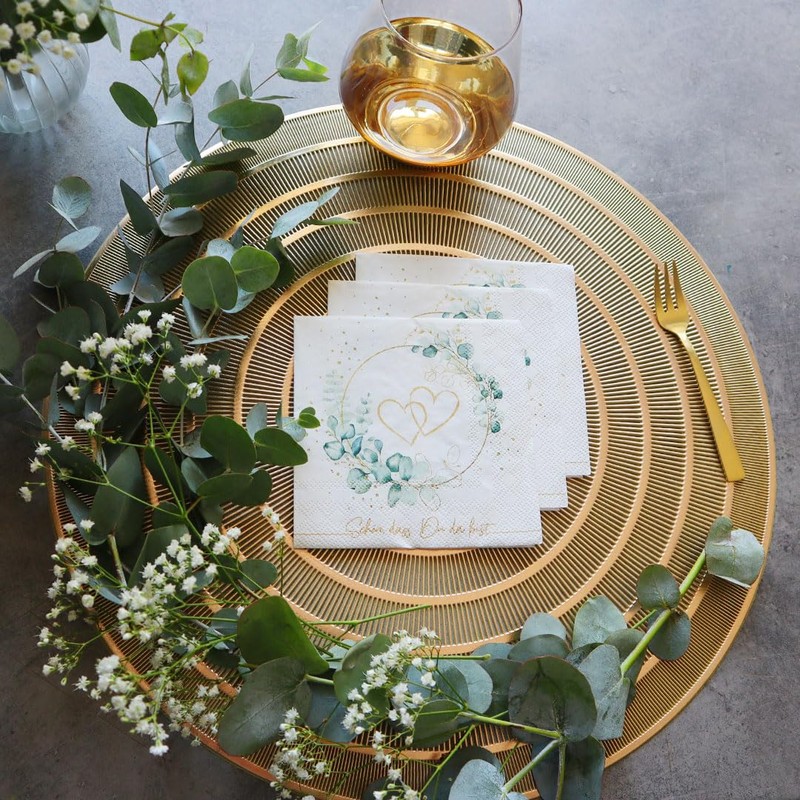 20 Small Cocktail Napkins Hearts Around Eucalyptus Gold White |