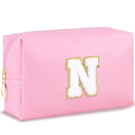 URSKYTOUS - Bolsa de maquillaje con inicial para mujer, bolsa de cosméticos grande, bonita bolsa de maquillaje rosa para cartera, bolsa de aseo con cierre, organizador de piel sintética, brochas de