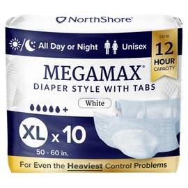 NorthShore MegaMax Adult Overnight Diapers, 12-Hour Tab-Style, X-Large, 10 Count Bag, White, 50-60 inches, Unisex Incontinence Underwear