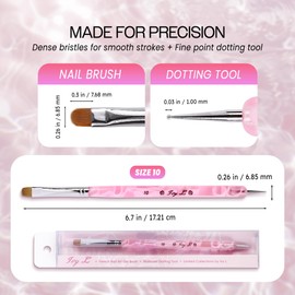 Ivy L Premium 2 Way French Gel Acrylic Nail Art Kolinsky Brush with Dotting Tool for Professional Manicure Cuticle Clean up Nail Art Design (Size 10, Pink Marble)