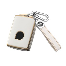 HIBEYO TPU Key Case Cover for Volvo Volvo XC90 XC60 XC40 S60 S90 V90 V60 Polestar 1 T5 T6 2021 2022 2023 with Leather Keychain Smart Key Shell for Volvo Accessories-White