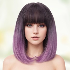Lady Miranda Purple Bob Wig with Bangs Short Straight Bob Wig Middle Part with Bangs Bob Hair Wigs Synthetic Grey to Purple Bob Wigs for Women Daily Party Wig for Women