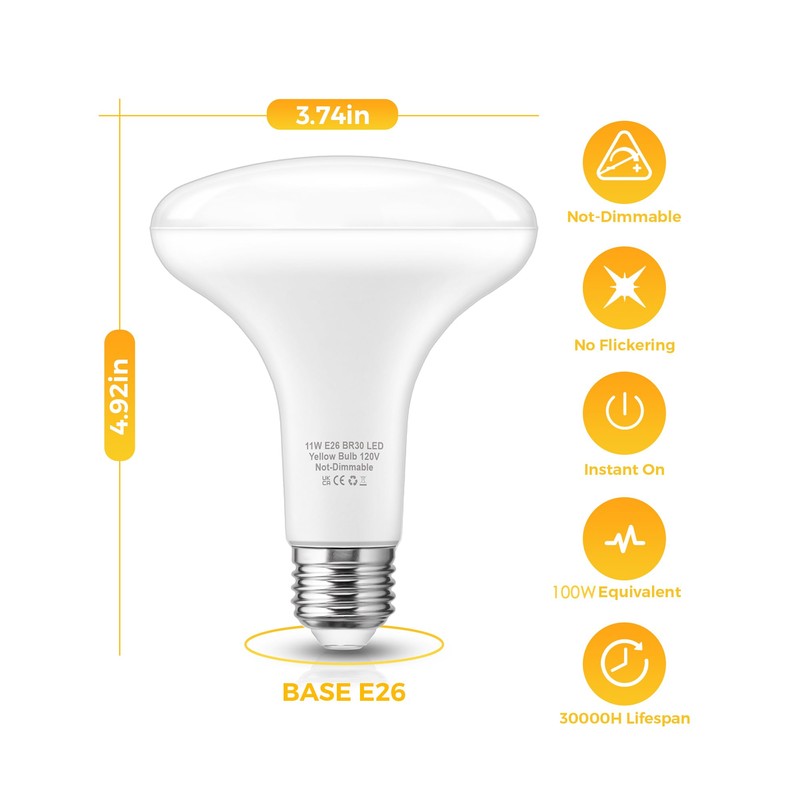 11W LED Yellow Bug Light Bulbs Outdoor, 100W Equivalent BR30