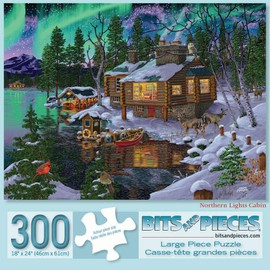 Bits and Pieces - 300 Piece Jigsaw Puzzle for Adults 18" X 24" - Northern Lights Cabin - 300 pc Edge of a Lake Winter Cabin in The Woods Snowy Cabin Forest Animals Jigsaw by Artist Joseph Burgess