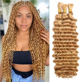 Human Braiding Hair for Boho Braids Human Hair 110g 24 Inch Curly Boho Hair for Braiding Knotless 12A Deep Wave Bohemian 3 Bundles/Pack Caramel Honey Blonde