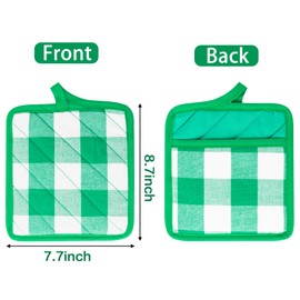 GROBRO7 5Pcs Cotton Buffalo Check Plaid Pocket Pot Holder Set Kitchen Heat Resistant Potholder Durable Cloth Potholders Bulk Green & White Oven Mitts Hot Pad Trivet for Baking Cooking with Pocket 8x9