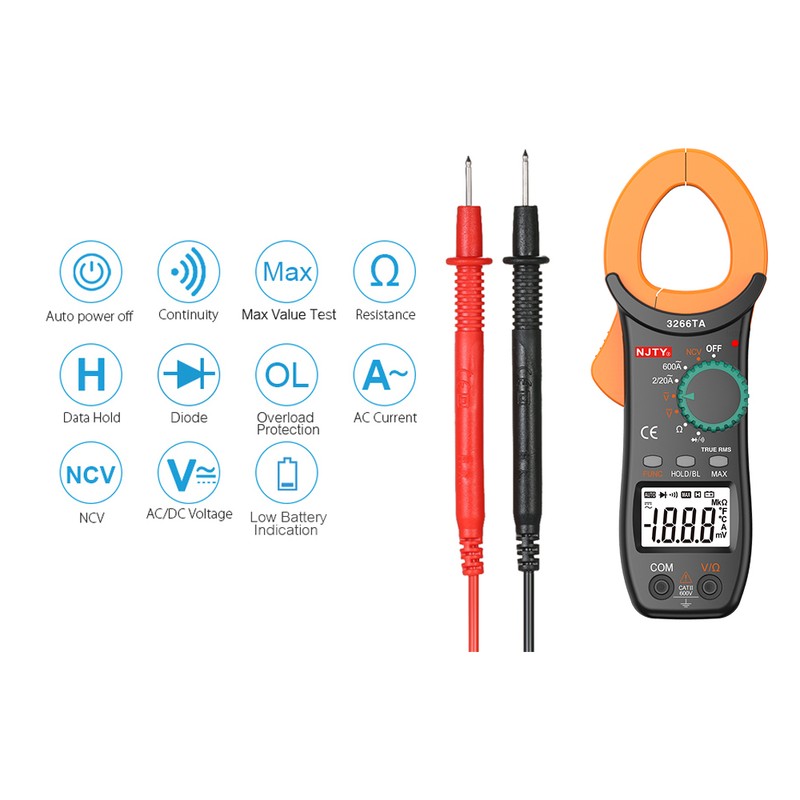 NJTY Digital Clamp Meter 2000 Counts Auto Range Multimeter with