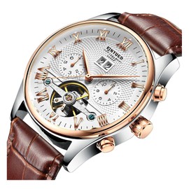 carlien Men's Self-Wind Tourbillon Mechanical Watches Water Resistant Automatic Skeleton Wristwatches (Silver Gold White Leather Strap)