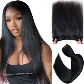 Sew in Weft Hair Extensions Real Human Hair,Jet Black Hair Extensions Real Human Hair Weave Bundles,18 Inch 100G Hand Tied Weft Hair Extensions Human Hair, Sew in Bundles Human Hair Weft