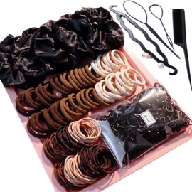 1209PCS Ligas para Cabello,Ligas Elásticas para Niñas y Mujeres, Set con 600 Gomas Negras, 5 Scrunchies, 150 Ligas de Tela Suave, 4 Herramientas de Peinado,Regalos para Cumpleaños (Marrón)