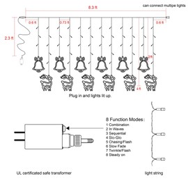 Treewoll 180 LED Christmas Curtain String Lights, 8.3 FT Linkable Warm White Window Fairy Lights with 12 Reindeer & Bell Pendants, 8 Modes Waterproof Lights for Xmas Holiday Party Decorations