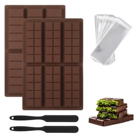 Chocolate Bar Mold, 2 Non-Stick Deep Silicone Chocolate Molds for Dubai Chocolate Bar Kit with 200Pcs Bags 2 Spatulas, Food Grade Flexible Dishwasher Safe Candy Bar Mold for Knafeh Pistachio