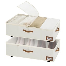 StorageWorks Under Bed Storage with Removable Wheels, 10'' Underbed Storage Containers with Lid, 90L Clothes Organizer for Blankets, Sweaters, Bedding, 2-Pack, Beige
