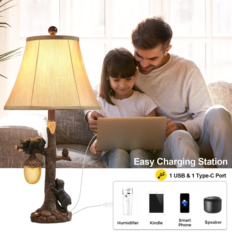 LOKHOM Rustic Western Bear Table Lamp with Nightlight Set of