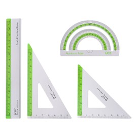 HARFINGTON 4pcs Geometry Set 15cm Metric Measure Ink Printing Aluminum Ruler Metal Ruler Set Triangle Protractor Ruler Tool Set for Classroom, Office, Home, Green