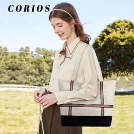 CORIOS Women Tote Bag Canvas Handbag Casual Shoulder Bag Lightweight Top Handle Bag Casual Satchel Bag Large Capacity Hobo Bag Chic Bag for Work School Shopping Travel Daily White