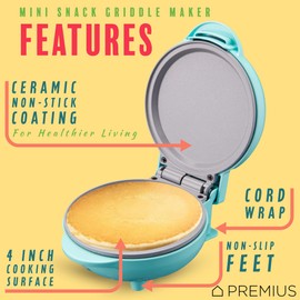 PREMIUS Ceramic NonStick Mini Snack Griddle Maker, 4” Mold, Quick Heat Up, Individual Fluffy Pancakes, Grilled Cheese, Eggs, Pizzas, Cookies & On-the-Go Breakfast & Lunch, Just Add Batter (Turquoise)