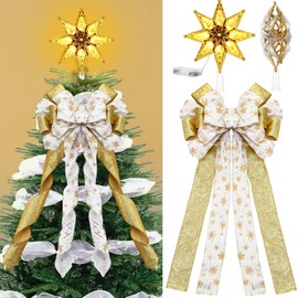 Liliful 2 Pcs Christmas Tree Topper LED Star for Christmas Tree 3D Star Treetop, Christmas Tree Topper Bow 13 x 26 Inch Handmade Decorative Bow Large Gold for Xmas Party Indoor Outdoor Home Decoration