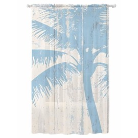 Blue Coastal Palm Trees Chiffon Sheer Curtain, Silhouette Retro Farm Beige Wood Grain Rod Pocket Window Panel Light Filtering Privacy Voile Window Treatment for Living Room Bedroom 52"x84" 1 Panel