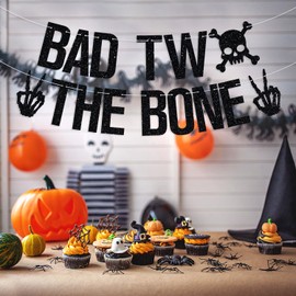 Bad Two the Bone Banner, Skull Skeleton Theme 2nd Birthday Hanging Decorations, Gothic Rock&Roll Born to Rock Music 2nd Birthday Party Decorations Supplies for Kids