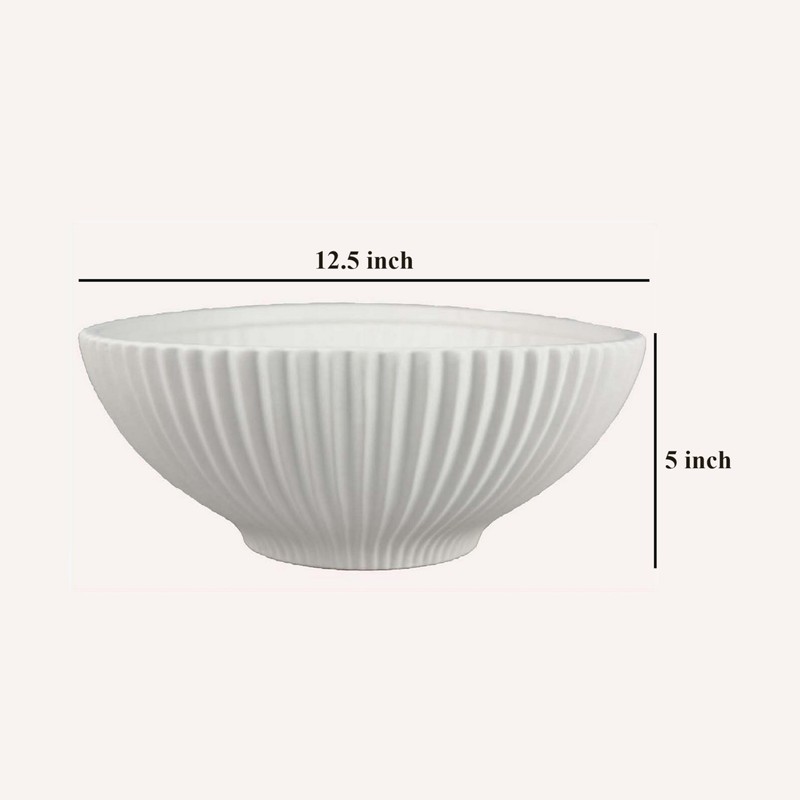 Benjara Zinia Decorative Bowl, Glossy White Ceramic Fluted Texture, 13