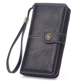 Cartera de Cuero Grande para Mujer Correa para la Muñeca Clip para Teléfono Celular Embrague con Cremallera (Negro)