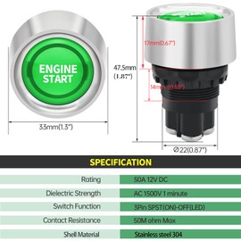 50 Amp Engine Start Ignition Switch Green 12VDC 22mm 7/8" Spst Momentary Push Button Start Switch On Off Stainless Steel 304 Led Light High Current 50A