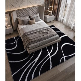 YIHOUSE Black Modern Area Rugs 8x10,Large Black and White Washable Rug for Living Room,Thin Abstract Geometric Rug,Minimalist Striped Rugs 8x10 for Bedroom,Office