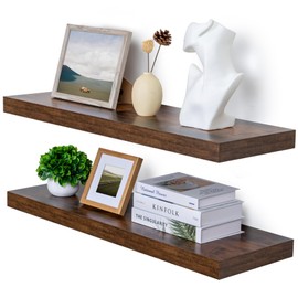 12" Deep Floating Shelves Wall Mounted, 36 x 12 Ructic Wood Shelves Wall Mounted, Large Storage Floating Shelf Display Hanging Shelf, Deep Shelves for Bathroom, Living Room, Rustic Brown, Set of 2