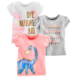 Simple Joys by Carter's Simple Joys by Carter's Girls' Short-Sleeve Shirts and Tops, Pack of 3, Grey Hearts/Pink Dinosaur/White Text Print, 3T