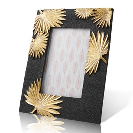 DN DECONATION - Marco de fotos de 4 x 6 pulgadas, color negro con hojas de palma dorada 3D, marco de fotos clásico pequeño de resina para decoración de mesa, decoración de pared de granja, computadora