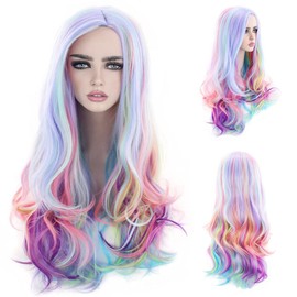 MAGQOO Rainbow Wig for Women Multi Color Wig Long Curly Wavy Colorful Wig Side Part Cosplay Costume Party Wig