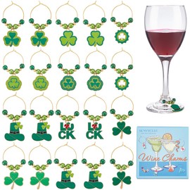 SUNNYCLUE 1 Box 20Pcs Wine Glass Charms Wine Glass Identifiers St Patricks Day Charm Irish Shamrock Charms Green Wine Markers Charms for Gathering Wedding Holiday Party Favor Drinks Decor Supplies