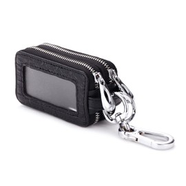 PORRASSO Key Case Genuine Leather Car Key Bag Portable Key Zipper Pouch Double Layer Car Smart Key Chain for Men Women Black