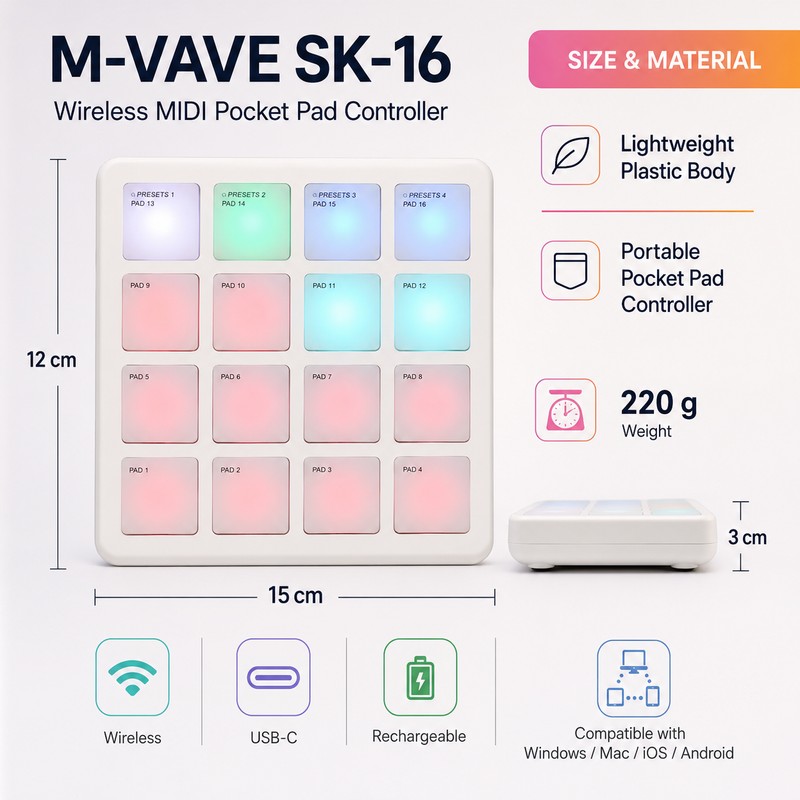 Wireless MIDI Pad Controller for Beat Making – 16 RGB