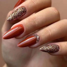 French Elegant Press on Nails Pointed Almond Length Fake Nails Gold Glitter Reddish Brown Nails Art Design Full Cover Acrylic Nails with Rhinestones Almond False Nails for Women and Girl 24pcs