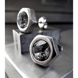 Mens Hex Nut Shape Stud Earrings with Dark Grey Crystal, Hardware Jewelry