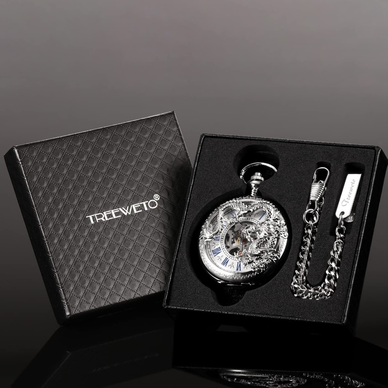 TREEWETO Mens Antique Skeleton Mechanical Silver Pocket Watch Dragon Hollow