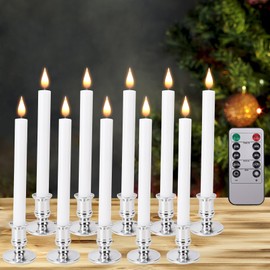 POQCCT LED Flameless Window Candles with Remote Timer 10 PCS Battery Operated Flickering Taper Candle Lights with Removable Sliver Candle Holders Best Gift for Xmas Wedding Home Dinner Décor