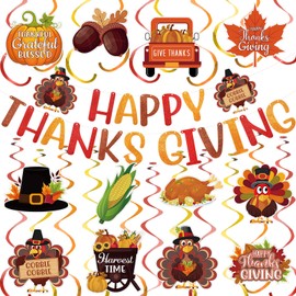 Fullhawl Happy Thanksgiving Banner Sign with 12 Hanging Swirls Thanksgiving Fall Party Banner, Turkey Pumpkin Maple Leaf Hanging Decorations for Harvest Party Supplies