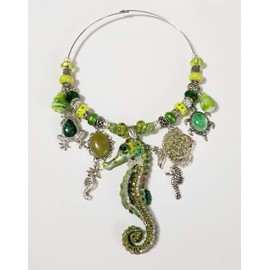 Big Green Hand Painted Seahorse Turtle Vintage Fish Frog Handmade Gemstone Necklace Earrings Bracelet