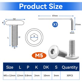 Pack of 30 Stainless Steel M5 x 12 Screws, Hex Socket Flat Head Screws, Full Thread Pan Head Screws with Wrench, Furniture Screws for Furniture Assembly, Woodworking Projects