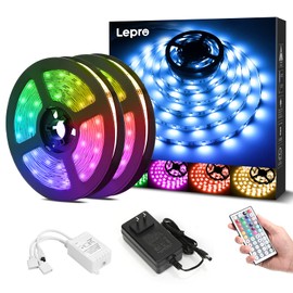 Lepro SMD5050 LED Tape Light, 49.2 ft (15m), 44-Key Remote Controller, RGB, DIY, Indoors, Brightness Adjustable, Dimming, Toning, High Brightness, Indirect Lighting, Double-Sided Tape, Cuttable, Easy Installation, Non-Waterproof, 20 Colors, 2 x 24.9 ft (